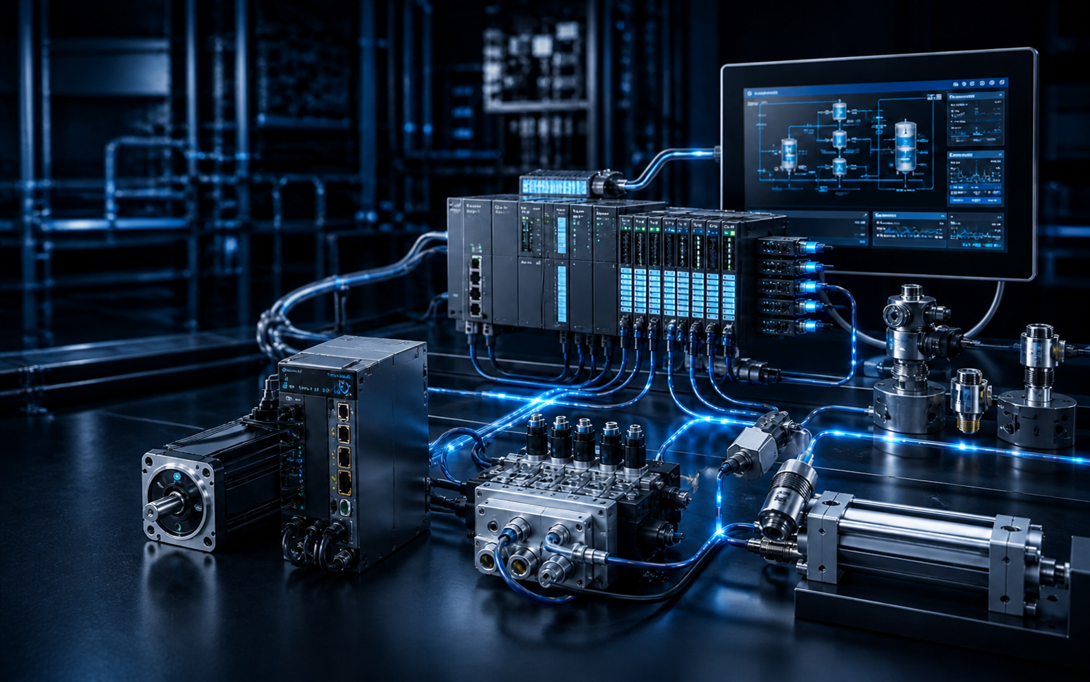PLC, HMI, sensör, servo ve akışkan gücü bileşenlerinden oluşan bütünleşik otomasyon sistemi